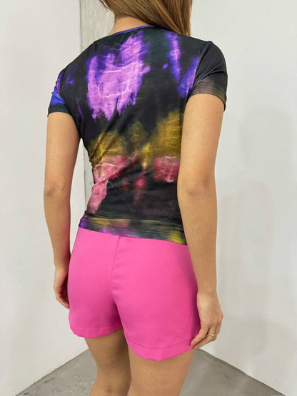 Bel Omuz Büzgülü Batik Baskı Sendy Bluz -Mor