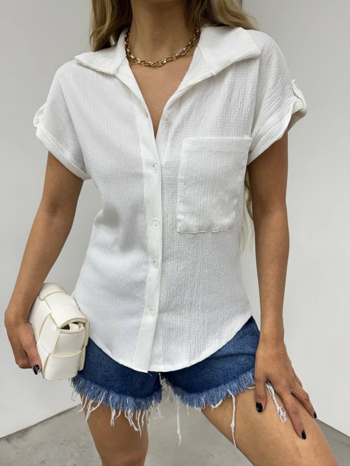 Duble Kol Tek Cepli Bürümcük Gömlek  -Beyaz