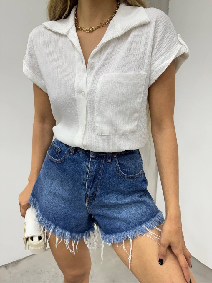 Duble Kol Tek Cepli Bürümcük Gömlek  -Beyaz