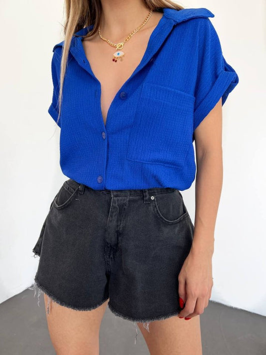 Duble Kol Tek Cepli Bürümcük Gömlek  -Saks