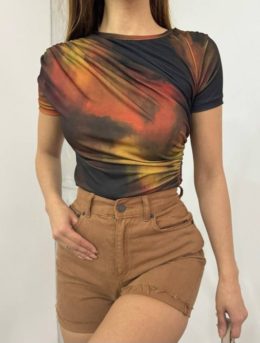 Bel Omuz Büzgülü Batik Baskı Sendy Bluz  -Kiremit