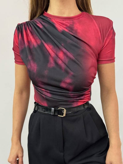 Bel Omuz Büzgülü Batik Baskı Sendy Bluz  -Kırmızı