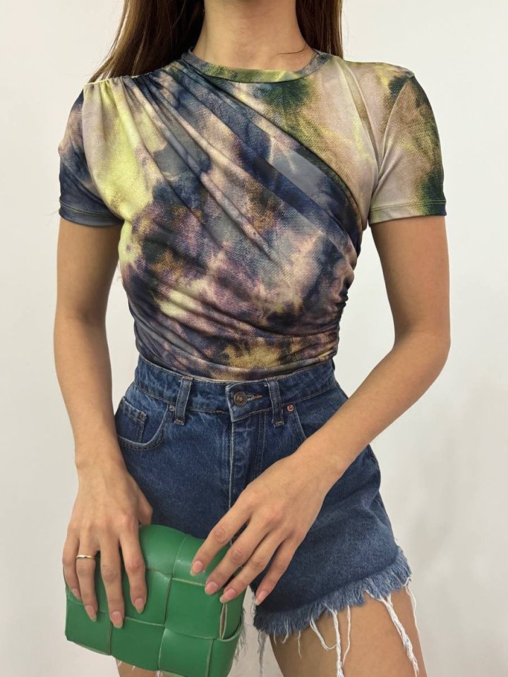 Bel Omuz Büzgülü Batik Baskı Sendy Bluz  -Yeşil