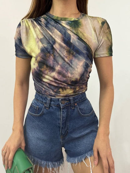 Bel Omuz Büzgülü Batik Baskı Sendy Bluz  -Yeşil