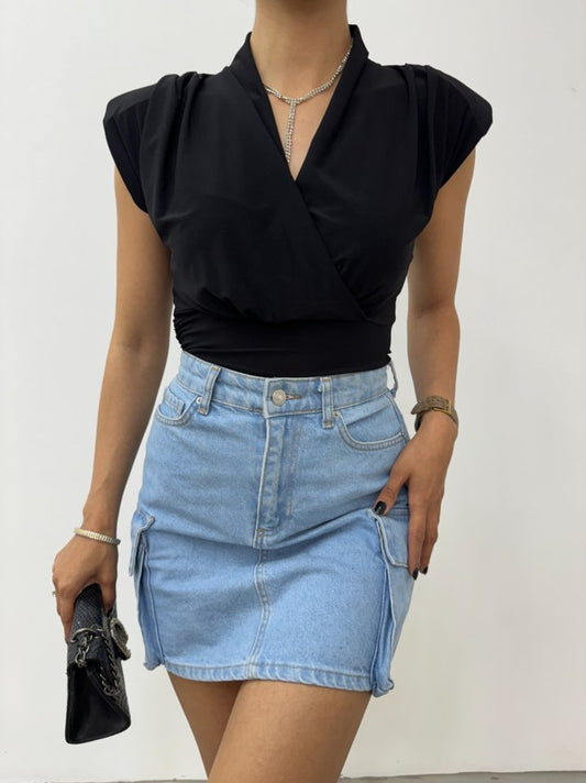 Sıfır Kol Vatkalı Kruvaze Model Sandy Bluz -Siyah