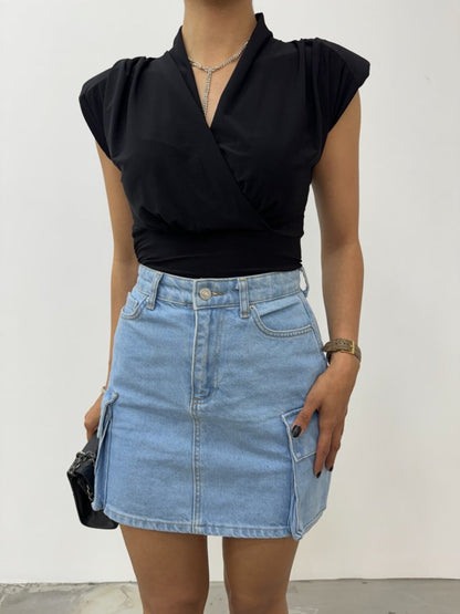 Sıfır Kol Vatkalı Kruvaze Model Sandy Bluz -Siyah