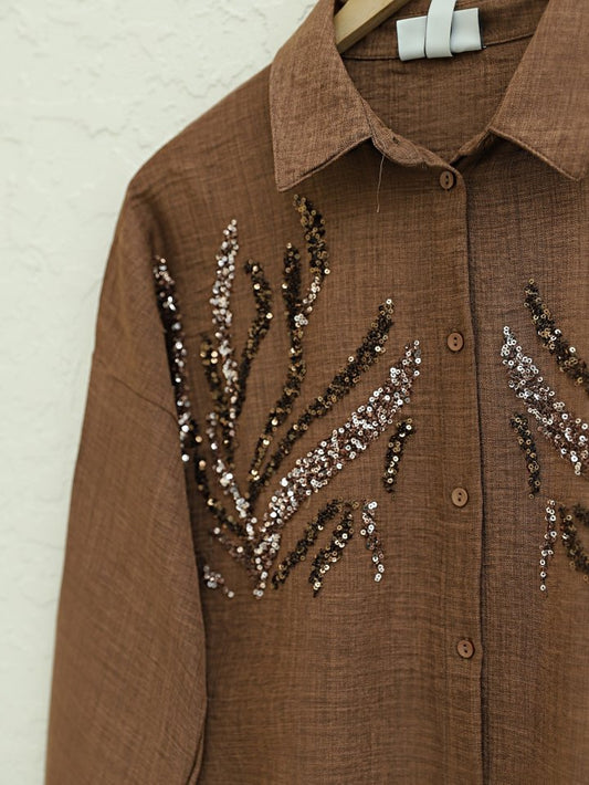 Önü Pul Payetli Uzun Gömlek    -Kahve
