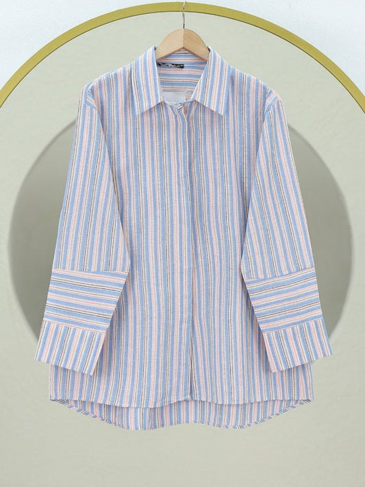 Arkası Uzun Kabartma Çizgili Oversize Gömlek -Mavi