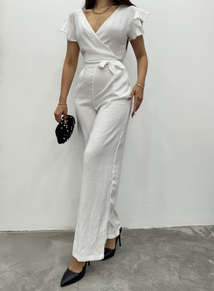 Fermuar Detaylı Fırfırlı Tulum   -Beyaz