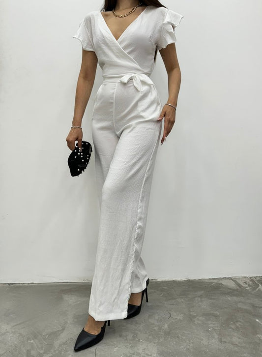 Fermuar Detaylı Fırfırlı Tulum   -Beyaz