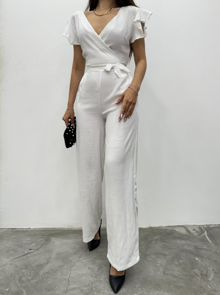 Fermuar Detaylı Fırfırlı Tulum   -Beyaz