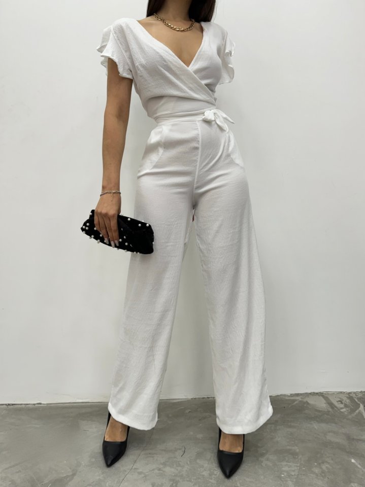 Fermuar Detaylı Fırfırlı Tulum   -Beyaz