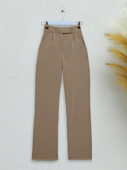 Beli Cırtlı Likralı Pantolon -Vizon