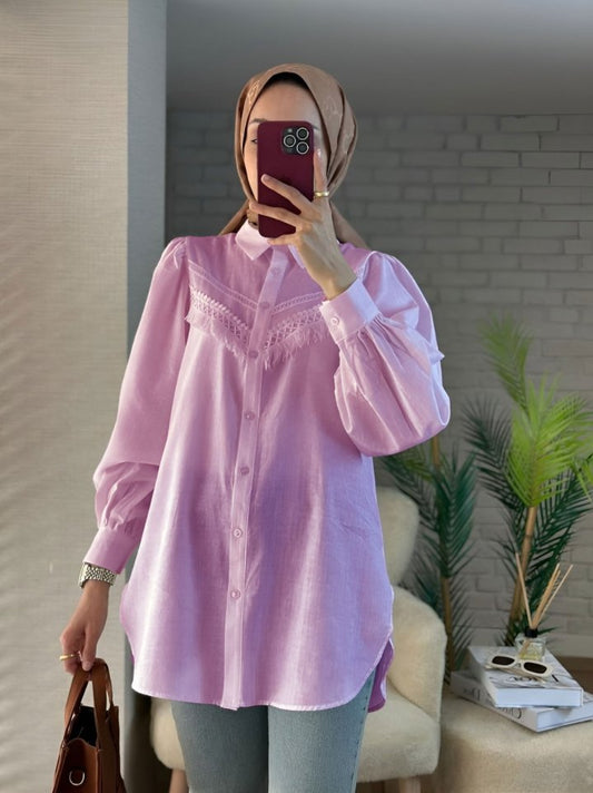 Güpür Püsküllü Ham Keten Balon Kol Gömlek  -Pudra