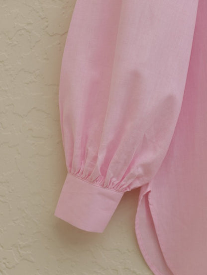 Güpür Püsküllü Ham Keten Balon Kol Gömlek  -Pudra