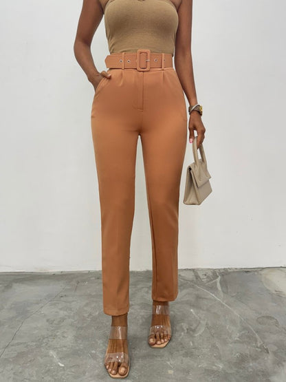 Kalın Kemerli Kumaş Pantalon    -Tarçın