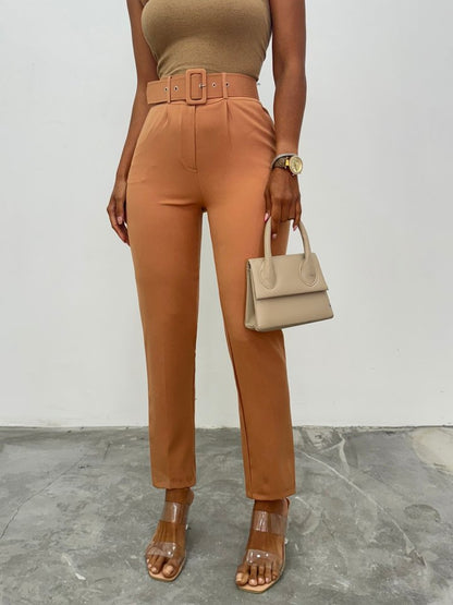 Kalın Kemerli Kumaş Pantalon    -Tarçın