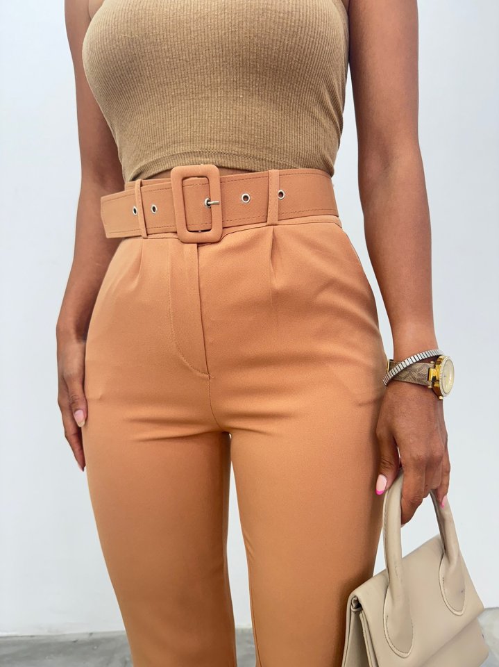 Kalın Kemerli Kumaş Pantalon    -Tarçın
