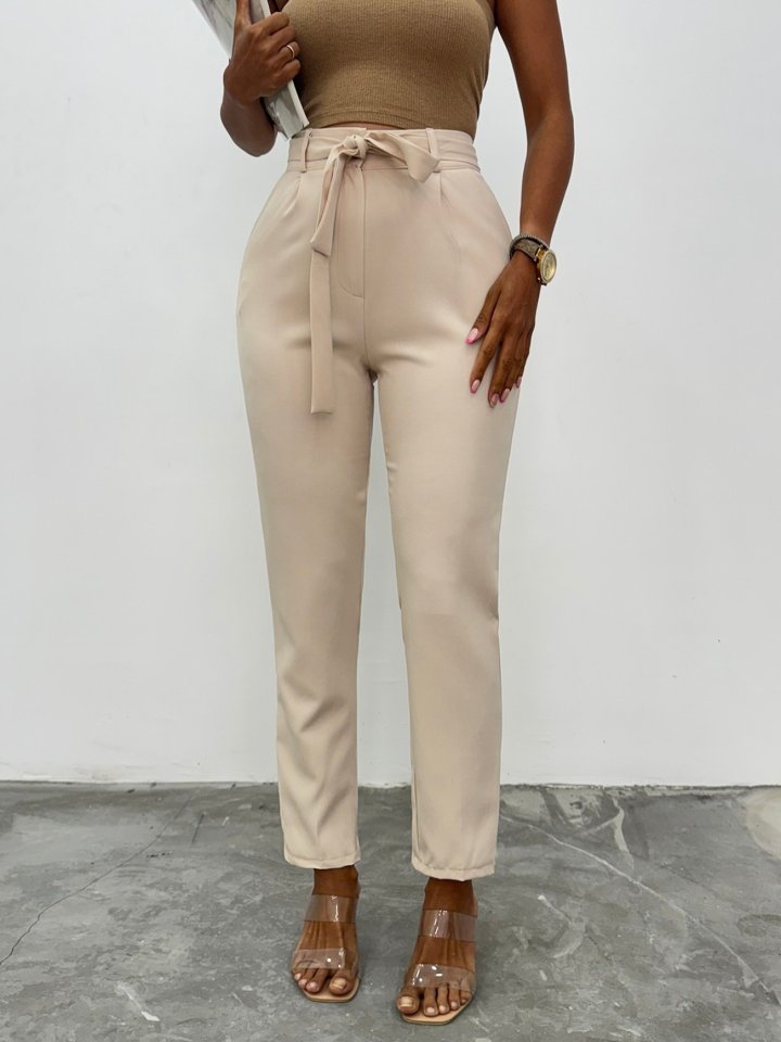 Kemerli Bilek Pantolon     -Bej