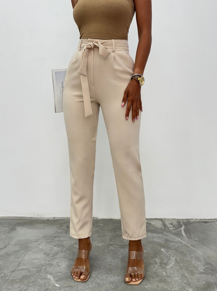 Kemerli Bilek Pantolon     -Bej