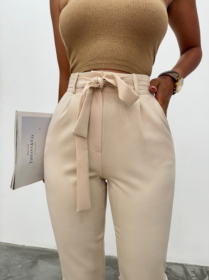 Kemerli Bilek Pantolon     -Bej