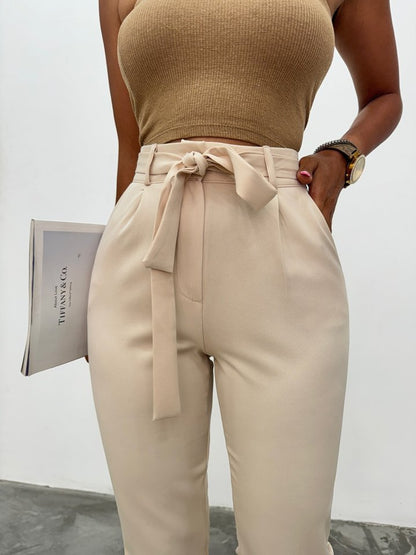 Kemerli Bilek Pantolon     -Bej