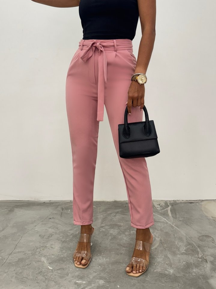 Kemerli Bilek Pantolon     -Pudra