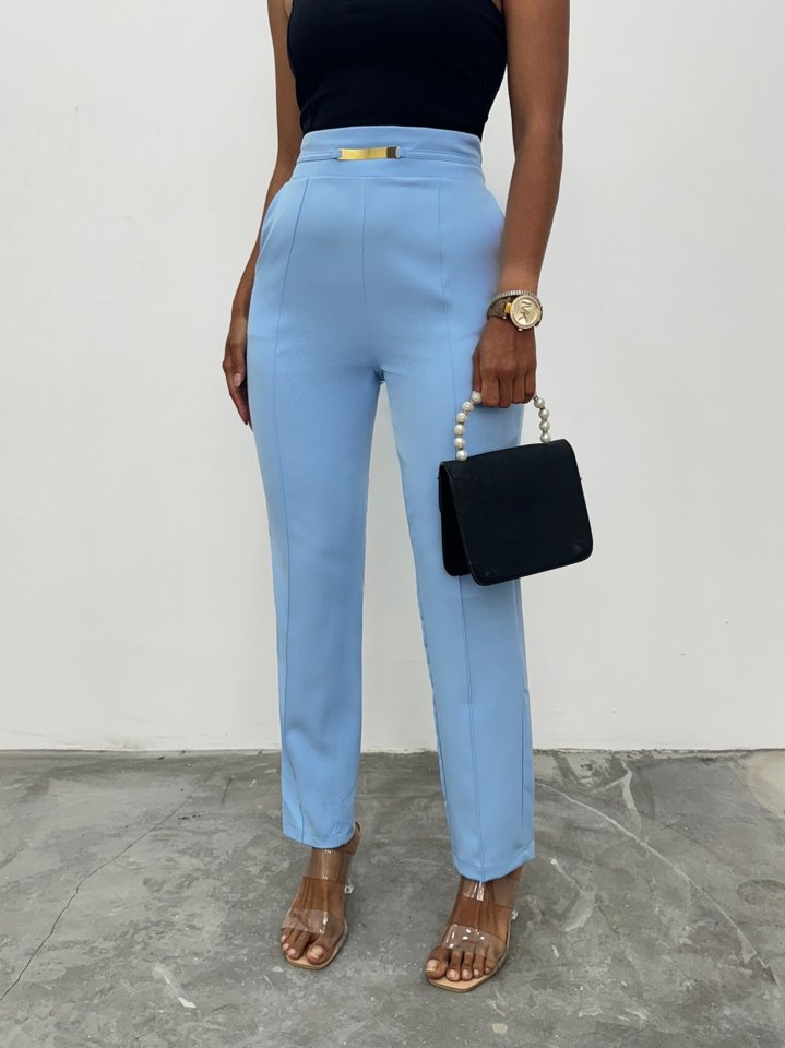 Beli Lastikli Cepli Metal Detaylı Pantolon -Bebe Mavi