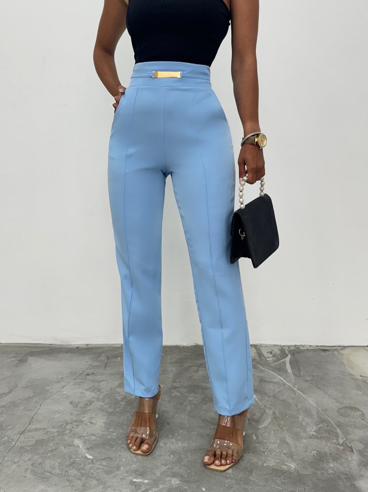Beli Lastikli Cepli Metal Detaylı Pantolon -Bebe Mavi