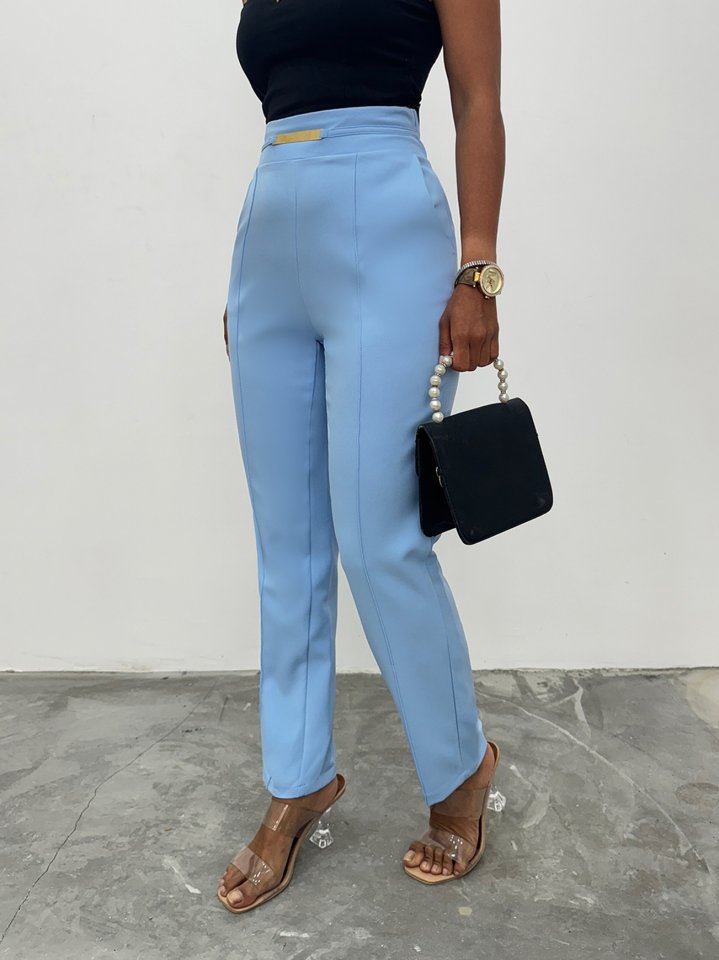 Beli Lastikli Cepli Metal Detaylı Pantolon -Bebe Mavi