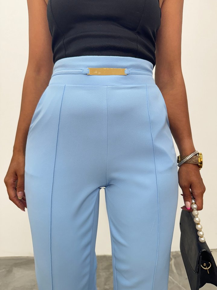 Beli Lastikli Cepli Metal Detaylı Pantolon -Bebe Mavi