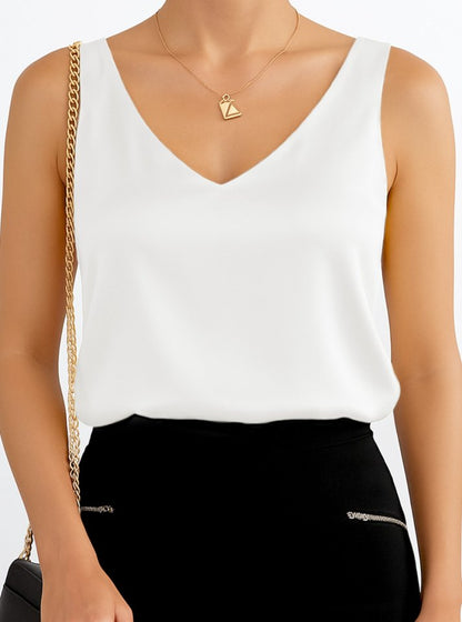 V Yaka Sıfır Kol Saten Bluz -Beyaz