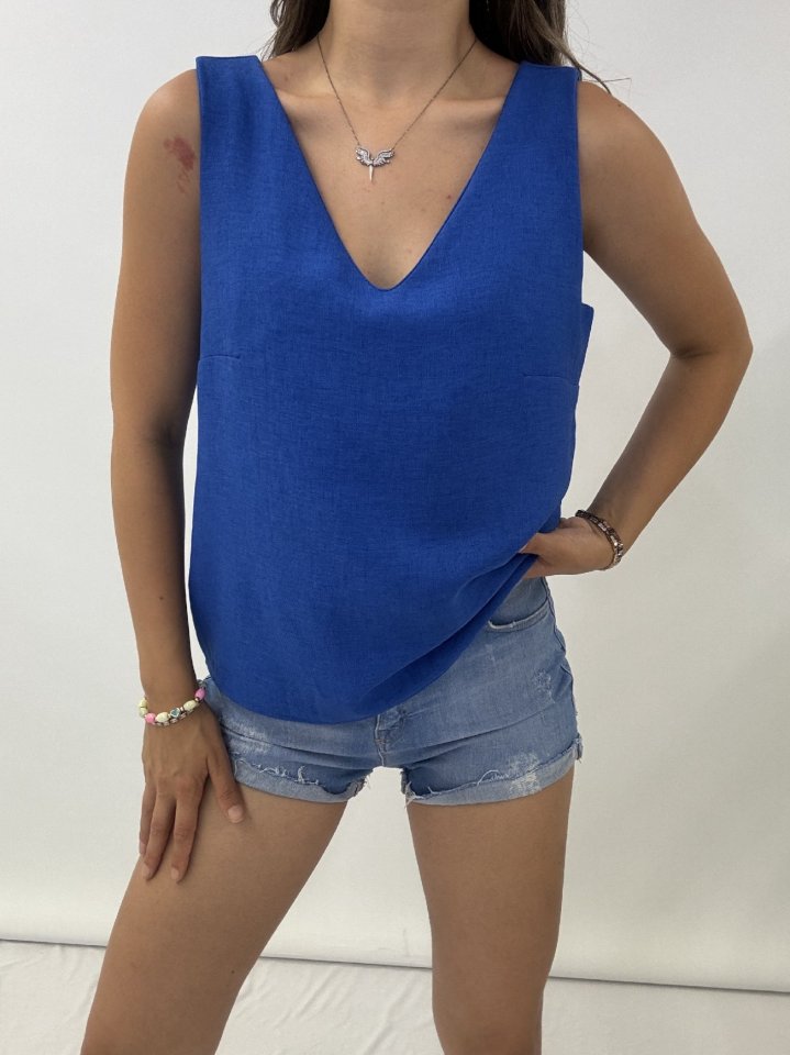 V Yaka Sıfır Kol  Keten Bluz  -Saks