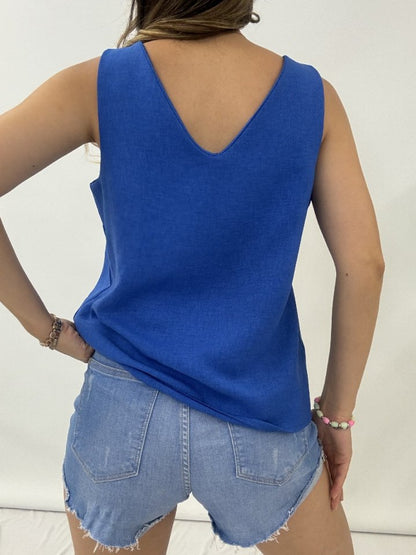 V Yaka Sıfır Kol  Keten Bluz  -Saks