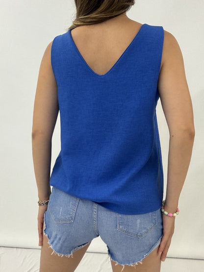 V Yaka Sıfır Kol  Keten Bluz  -Saks