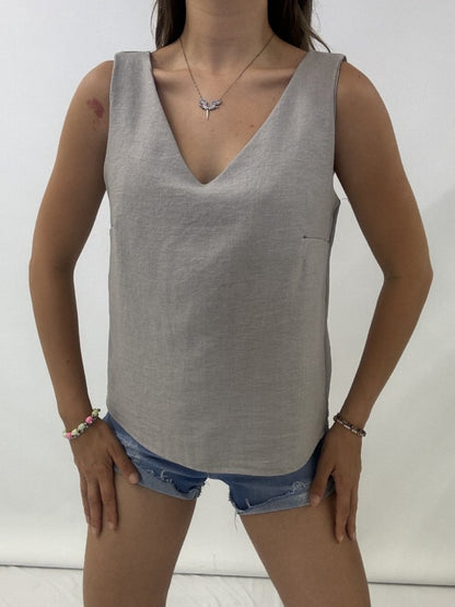 V Yaka Sıfır Kol  Keten Bluz    -Gri