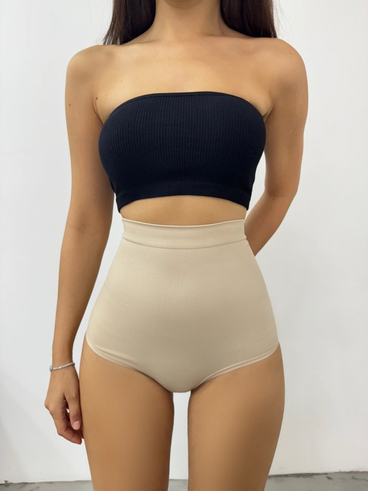 Silikonlu Uzun Bel Slip Korse -Krem