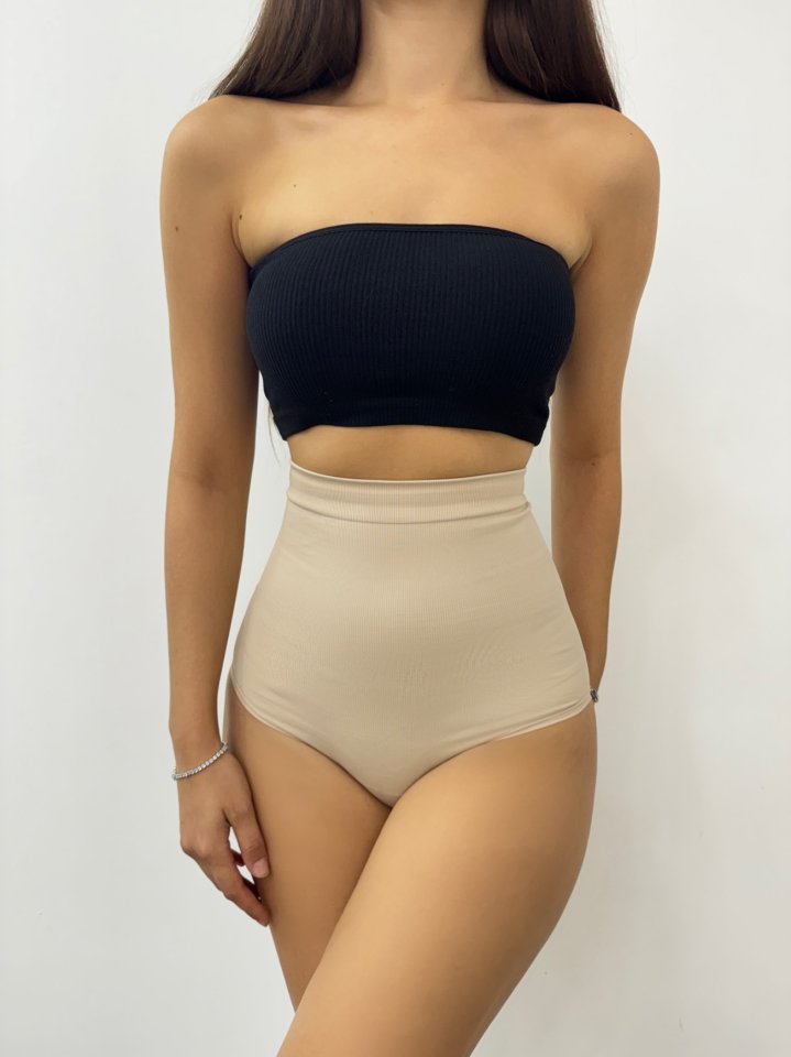 Silikonlu Uzun Bel Slip Korse -Krem