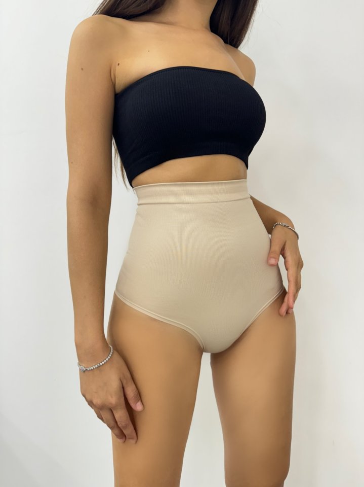 Silikonlu Uzun Bel Slip Korse -Krem