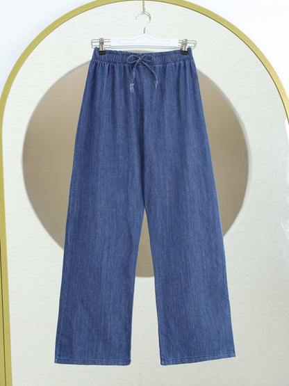 Bol Paça Beli Lastikli Bağcık Detaylı Kot Pantolon  -Koyu Mavi
