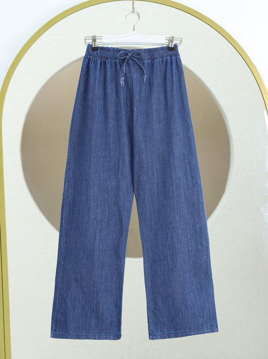 Bol Paça Beli Lastikli Bağcık Detaylı Kot Pantolon  -Koyu Mavi