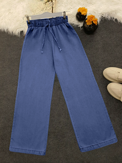 Bol Paça Beli Lastikli Bağcık Detaylı Kot Pantolon  -Koyu Mavi