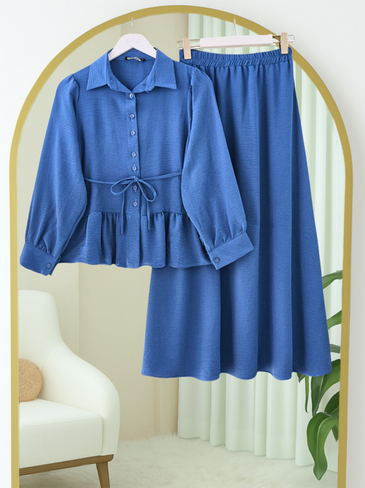 Parçalı Büzgülü Bluz Etekli Takım -İndigo