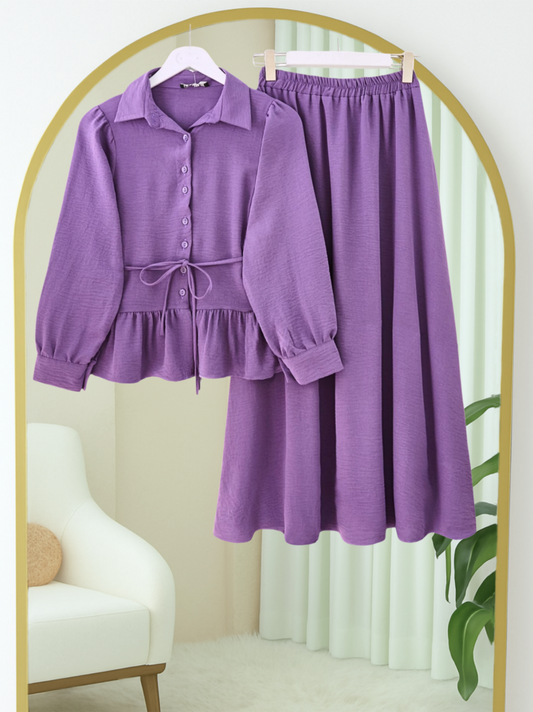 Parçalı Büzgülü Bluz Etekli Takım -Mor