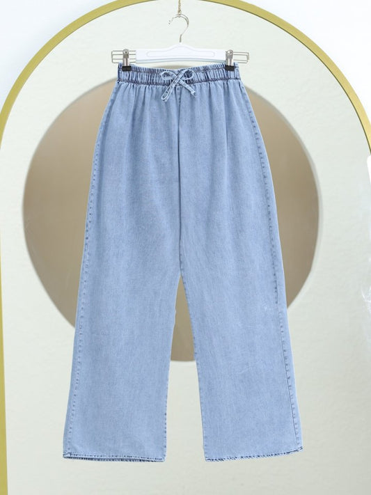 Bol Paça Beli Lastikli Bağcık Detaylı Kot Pantolon      -Buz Mavi