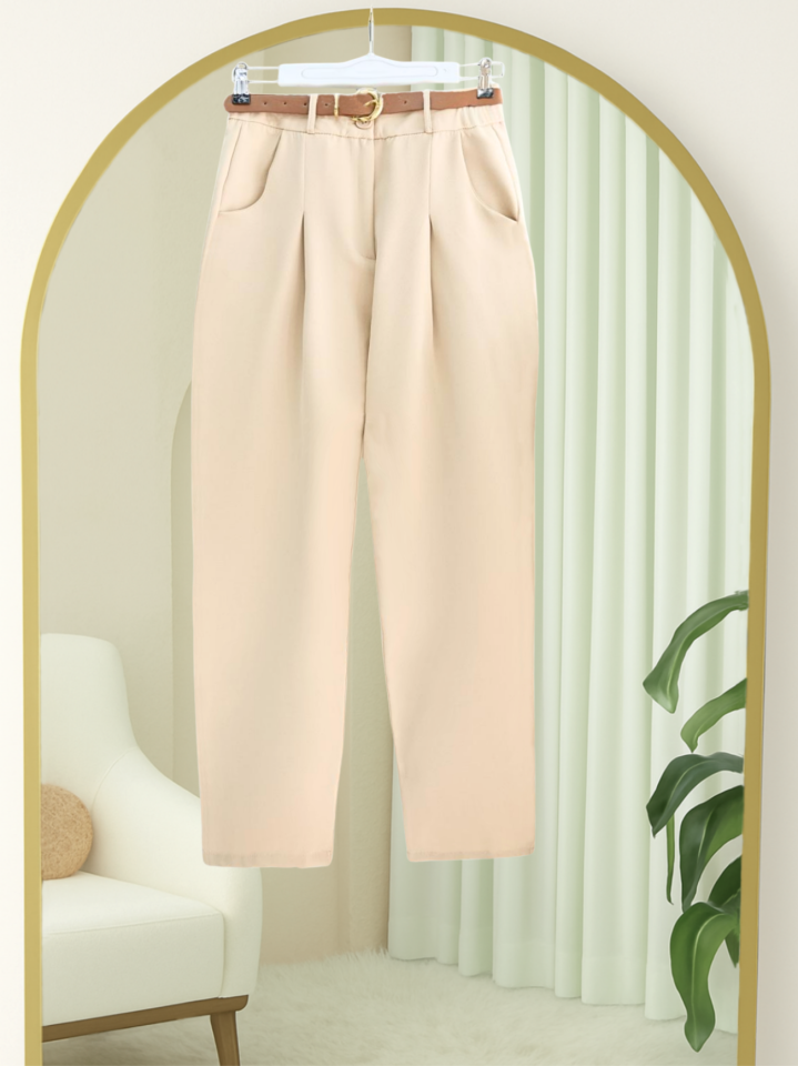 Pileli Cepli Kemerli Bilek Pantolon -Bej