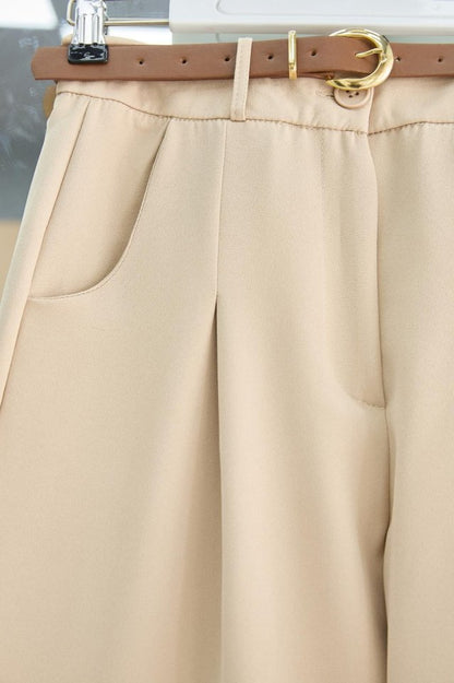 Pileli Cepli Kemerli Bilek Pantolon -Bej