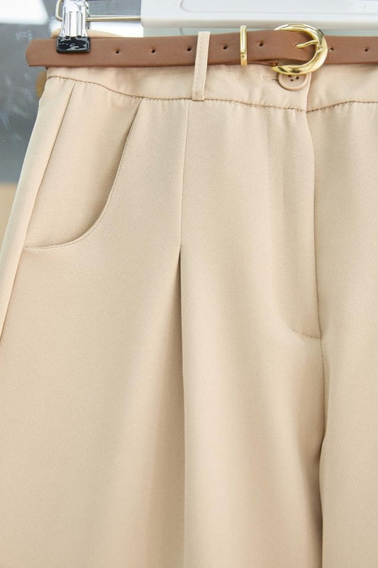 Pileli Cepli Kemerli Bilek Pantolon -Bej