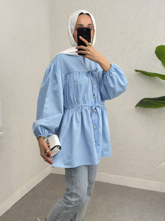 Taşlı Düğmeli Kolu Lastikli Bağlama Detaylı Gömlek -Bebe Mavi