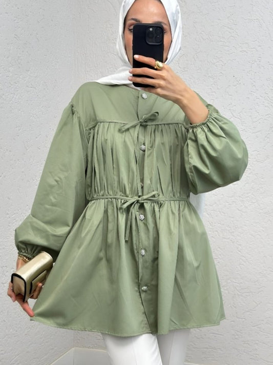 Taşlı Düğmeli Kolu Lastikli Bağlama Detaylı Gömlek -Su Yeşili